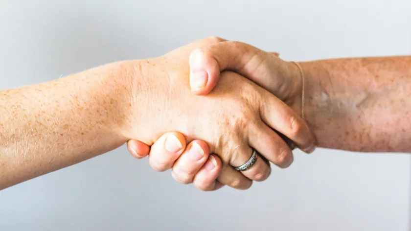 Two hands engaged in a firm handshake against a plain light background symbolizing agreement or partnership.